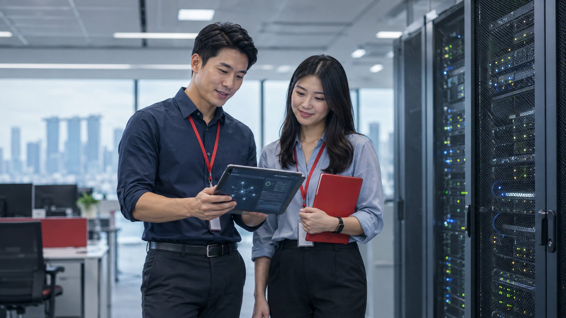 Two Canopy Technology engineers reviewing a security dashboard together in a server room